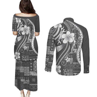 Samoa Siapo Tribal Pattern Couples Matching Puletasi and Long Sleeve Button Shirt Light Gray Polynesian Plumeria Tapa Motif LT9 - Polynesian Pride