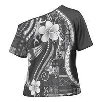 Samoa Siapo Tribal Pattern Cross Shoulder Shirt Light Gray Polynesian Plumeria Tapa Motif LT9 - Polynesian Pride