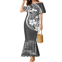 Samoa Siapo Tribal Pattern Family Matching Mermaid Dress and Hawaiian Shirt Light Gray Polynesian Plumeria Tapa Motif