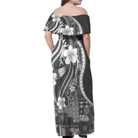 Samoa Siapo Tribal Pattern Family Matching Off Shoulder Maxi Dress and Hawaiian Shirt Light Gray Polynesian Plumeria Tapa Motif