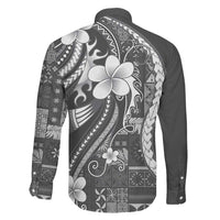 Samoa Siapo Tribal Pattern Family Matching Off Shoulder Short Dress and Hawaiian Shirt Light Gray Polynesian Plumeria Tapa Motif