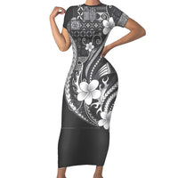 Samoa Siapo Tribal Pattern Family Matching Short Sleeve Bodycon Dress and Hawaiian Shirt Light Gray Polynesian Plumeria Tapa Motif