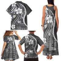 Samoa Siapo Tribal Pattern Family Matching Tank Maxi Dress and Hawaiian Shirt Light Gray Polynesian Plumeria Tapa Motif