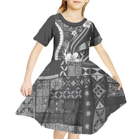 Samoa Siapo Tribal Pattern Kid Short Sleeve Dress Light Gray Polynesian Plumeria Tapa Motif LT9 - Polynesian Pride