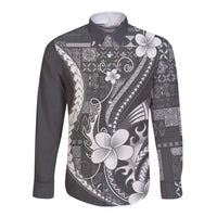 Samoa Siapo Tribal Pattern Long Sleeve Button Shirt Light Gray Polynesian Plumeria Tapa Motif LT9 Unisex Gray - Polynesian Pride