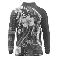 Samoa Siapo Tribal Pattern Long Sleeve Polo Shirt Light Gray Polynesian Plumeria Tapa Motif LT9 - Polynesian Pride