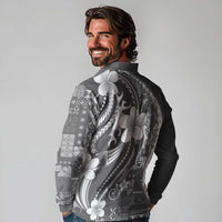 Samoa Siapo Tribal Pattern Long Sleeve Polo Shirt Light Gray Polynesian Plumeria Tapa Motif LT9 - Polynesian Pride