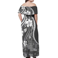 Samoa Siapo Tribal Pattern Off Shoulder Maxi Dress Light Gray Polynesian Plumeria Tapa Motif LT9 - Polynesian Pride