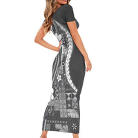Samoa Siapo Tribal Pattern Short Sleeve Bodycon Dress Light Gray Polynesian Plumeria Tapa Motif LT9 - Polynesian Pride