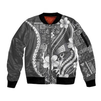 Samoa Siapo Tribal Pattern Sleeve Zip Bomber Jacket Light Gray Polynesian Plumeria Tapa Motif LT9 Unisex Gray - Polynesian Pride