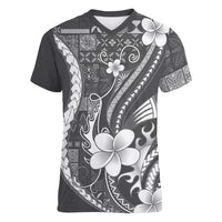 Samoa Siapo Tribal Pattern Women V-Neck T-Shirt Light Gray Polynesian Plumeria Tapa Motif LT9 Female Gray - Polynesian Pride