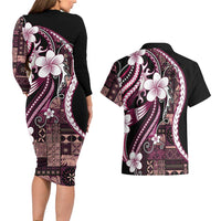 Samoa Siapo Tribal Pattern Couples Matching Long Sleeve Bodycon Dress and Hawaiian Shirt Violet Polynesian Plumeria Tapa Motif
