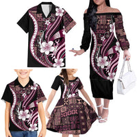 Samoa Siapo Tribal Pattern Family Matching Off The Shoulder Long Sleeve Dress and Hawaiian Shirt Violet Polynesian Plumeria Tapa Motif