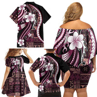 Samoa Siapo Tribal Pattern Family Matching Off Shoulder Short Dress and Hawaiian Shirt Violet Polynesian Plumeria Tapa Motif