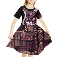 Samoa Siapo Tribal Pattern Kid Short Sleeve Dress Violet Polynesian Plumeria Tapa Motif LT9 - Polynesian Pride