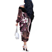 Samoa Siapo Tribal Pattern Off The Shoulder Long Sleeve Dress Violet Polynesian Plumeria Tapa Motif LT9 - Polynesian Pride
