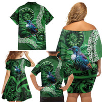 Tui Bird Koru Silver Fern Aotearoa Family Matching Off Shoulder Short Dress and Hawaiian Shirt