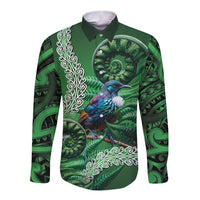 Tui Bird Koru Silver Fern Aotearoa Long Sleeve Button Shirt LT9 Unisex Green - Polynesian Pride