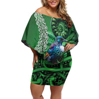 Tui Bird Koru Silver Fern Aotearoa Off Shoulder Short Dress LT9 Women Green - Polynesian Pride