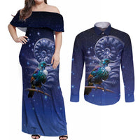 Tui Bird Matariki Galaxy Couples Matching Off Shoulder Maxi Dress and Long Sleeve Button Shirt Koru Silver Fern Aotearoa LT9 Galaxy - Polynesian Pride