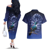 Tui Bird Matariki Galaxy Couples Matching Off The Shoulder Long Sleeve Dress and Hawaiian Shirt Koru Silver Fern Aotearoa