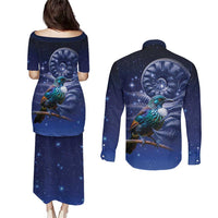 Tui Bird Matariki Galaxy Couples Matching Puletasi and Long Sleeve Button Shirt Koru Silver Fern Aotearoa LT9 - Polynesian Pride