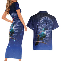 Tui Bird Matariki Galaxy Couples Matching Short Sleeve Bodycon Dress and Hawaiian Shirt Koru Silver Fern Aotearoa