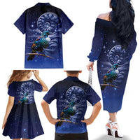 Tui Bird Matariki Galaxy Family Matching Off The Shoulder Long Sleeve Dress and Hawaiian Shirt Koru Silver Fern Aotearoa