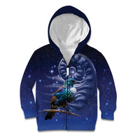 Tui Bird Matariki Galaxy Kid Hoodie Koru Silver Fern Aotearoa LT9 Zip Hoodie Galaxy - Polynesian Pride
