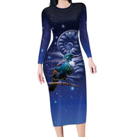 Tui Bird Matariki Galaxy Long Sleeve Bodycon Dress Koru Silver Fern Aotearoa LT9 Long Dress Galaxy - Polynesian Pride