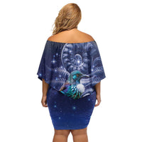 Tui Bird Matariki Galaxy Off Shoulder Short Dress Koru Silver Fern Aotearoa LT9 - Polynesian Pride