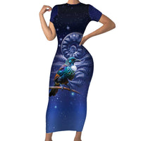 Tui Bird Matariki Galaxy Short Sleeve Bodycon Dress Koru Silver Fern Aotearoa LT9 Long Dress Galaxy - Polynesian Pride