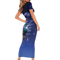 Tui Bird Matariki Galaxy Short Sleeve Bodycon Dress Koru Silver Fern Aotearoa LT9 - Polynesian Pride