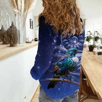 Tui Bird Matariki Galaxy Women Casual Shirt Koru Silver Fern Aotearoa LT9 - Polynesian Pride
