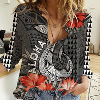 Hawaii Fish Hook Women Casual Shirt Polynesian Vintage Vibes LT9 Female Black - Polynesian Pride