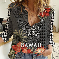 Hawaii Shaka Surf Hand Sign Women Casual Shirt Polynesian Vintage Vibes LT9 Female Black - Polynesian Pride