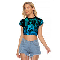 King Kamehameha Day Hawaii Raglan Cropped T Shirt Paradise of the Pacific Tribal Kakau with Kanaka Maoli - Aqua LT9 Female Aqua - Polynesian Pride