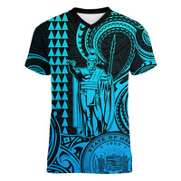 King Kamehameha Day Hawaii Women V Neck T Shirt Paradise of the Pacific Tribal Kakau with Kanaka Maoli - Aqua LT9 Female Aqua - Polynesian Pride