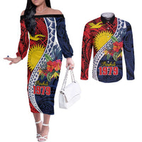 Flag of Kiribati Polynesian Pattern Couples Matching Off The Shoulder Long Sleeve Dress and Long Sleeve Button Shirt Est 1979 With Tropical Flowers