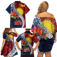 Flag of Kiribati Polynesian Pattern Family Matching Off Shoulder Short Dress and Hawaiian Shirt Est 1979 With Tropical Flowers