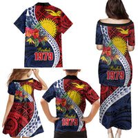 Flag of Kiribati Polynesian Pattern Family Matching Puletasi and Hawaiian Shirt Est 1979 With Tropical Flowers