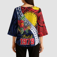 Flag of Kiribati Polynesian Pattern Kimono Sleeve Blouse Est 1979 With Tropical Flowers - Polynesian Pride