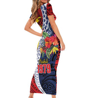 Flag of Kiribati Polynesian Pattern Short Sleeve Bodycon Dress Est 1979 With Tropical Flowers