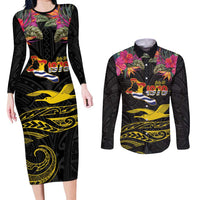 Kiribati Independence Day Personalised Couples Matching Long Sleeve Bodycon Dress and Long Sleeve Button Shirt Gold Frigatebird with Polynesian Pattern