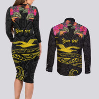 Kiribati Independence Day Personalised Couples Matching Long Sleeve Bodycon Dress and Long Sleeve Button Shirt Gold Frigatebird with Polynesian Pattern
