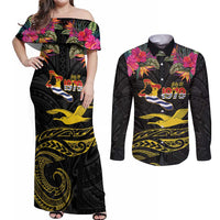 Kiribati Independence Day Personalised Couples Matching Off Shoulder Maxi Dress and Long Sleeve Button Shirt Gold Frigatebird with Polynesian Pattern