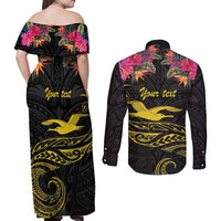 Kiribati Independence Day Personalised Couples Matching Off Shoulder Maxi Dress and Long Sleeve Button Shirt Gold Frigatebird with Polynesian Pattern
