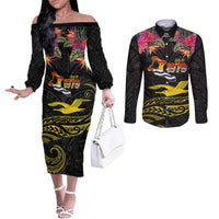 Kiribati Independence Day Personalised Couples Matching Off The Shoulder Long Sleeve Dress and Long Sleeve Button Shirt Gold Frigatebird with Polynesian Pattern