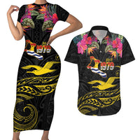 Kiribati Independence Day Personalised Couples Matching Short Sleeve Bodycon Dress and Hawaiian Shirt Gold Frigatebird with Polynesian Pattern
