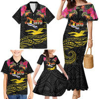 Kiribati Independence Day Personalised Family Matching Mermaid Dress and Hawaiian Shirt Gold Frigatebird with Polynesian Pattern